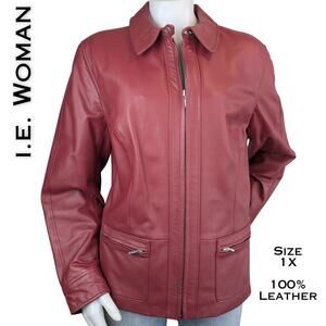I.E. Woman Leather Jacket 1X Red Zip Front Pockets Classic Timeless Outerwear